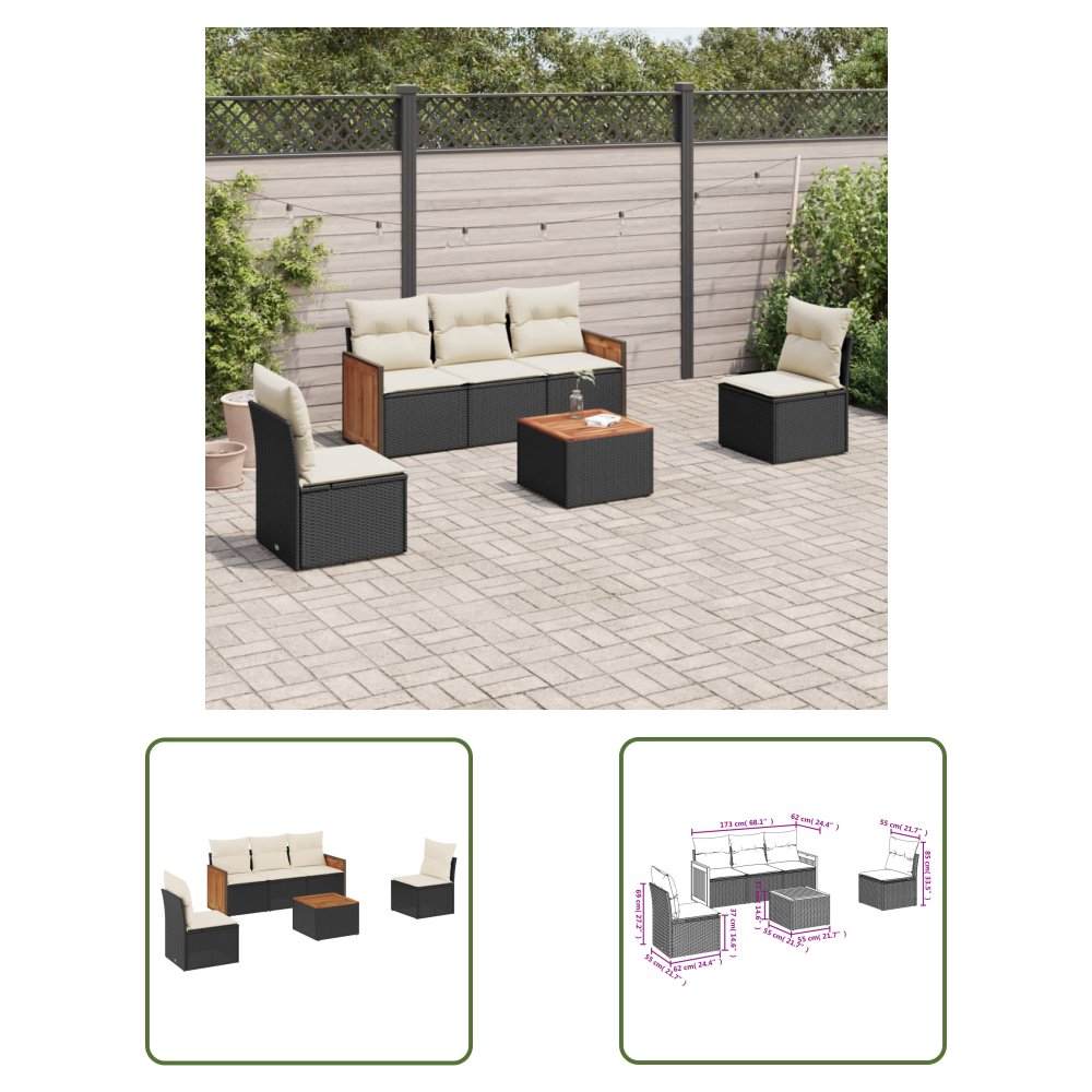 The Living Store 6-cz. zestaw mebli ogrodowych z poduszkami - czarny polirattan - Sofa Ogrodowa