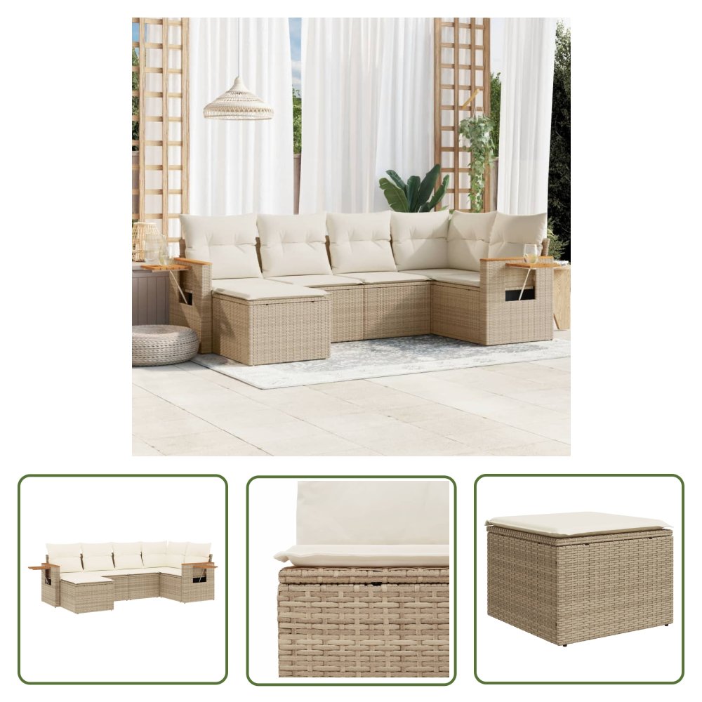 The Living Store 6-cz. zestaw mebli ogrodowych z poduszkami - beżowy - polirattan - Sofa Ogrodowa