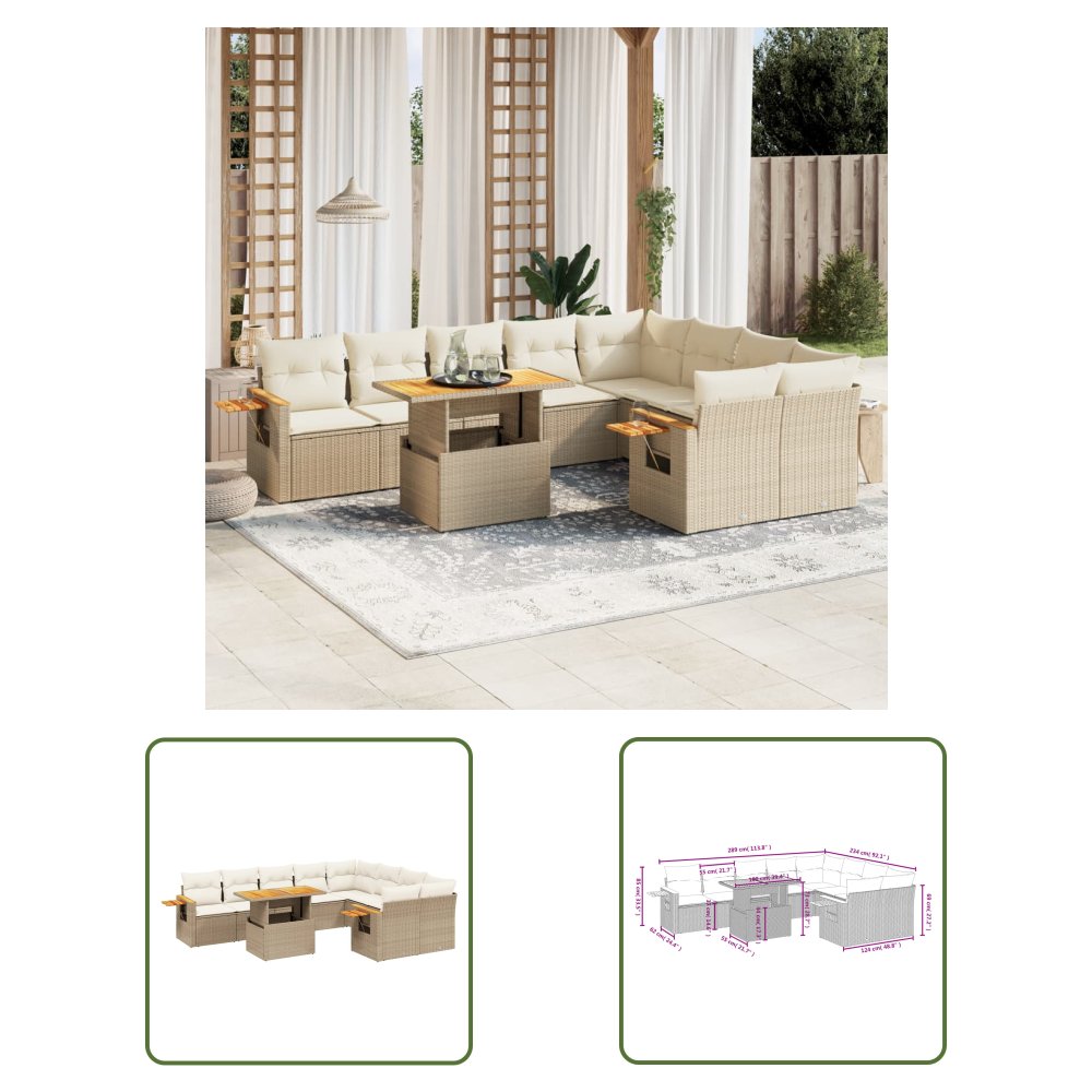 The Living Store 10-cz. zestaw mebli ogrodowych z poduszkami - beżowy - polirattan - Sofa Ogrodowa