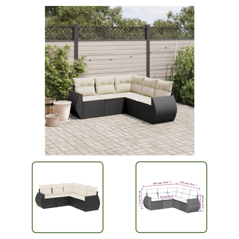 The Living Store 5-cz. zestaw wypoczynkowy do ogrodu - poduszki - czarny rattan PE - Sofa Ogrodowa