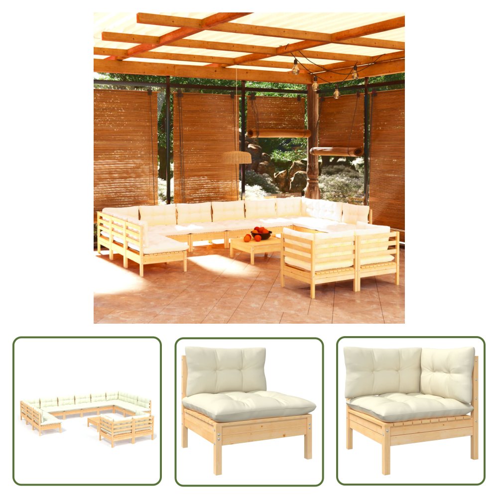 The Living Store 13-cz. zestaw wypoczynkowy do ogrodu - kremowe poduszki - sosnowy - Zestaw Wypoczynkowy Do Ogrodu