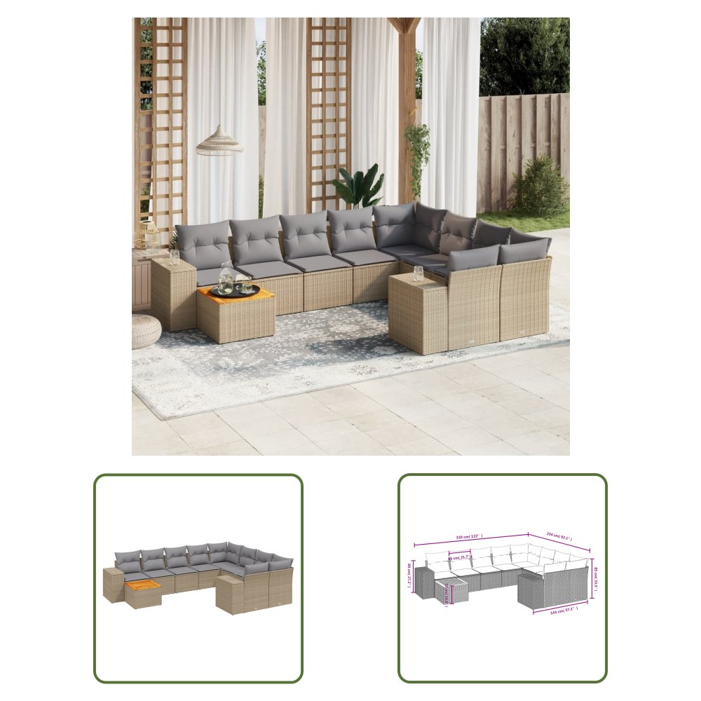 The Living Store 10-cz. zestaw mebli ogrodowych z poduszkami - beżowy - polirattan - Sofa Ogrodowa