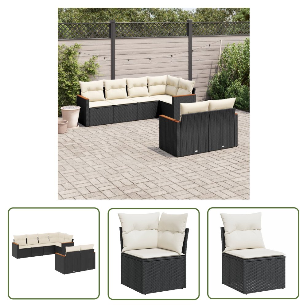The Living Store 7-cz. zestaw wypoczynkowy do ogrodu - z poduszkami - czarny - Sofa Ogrodowa