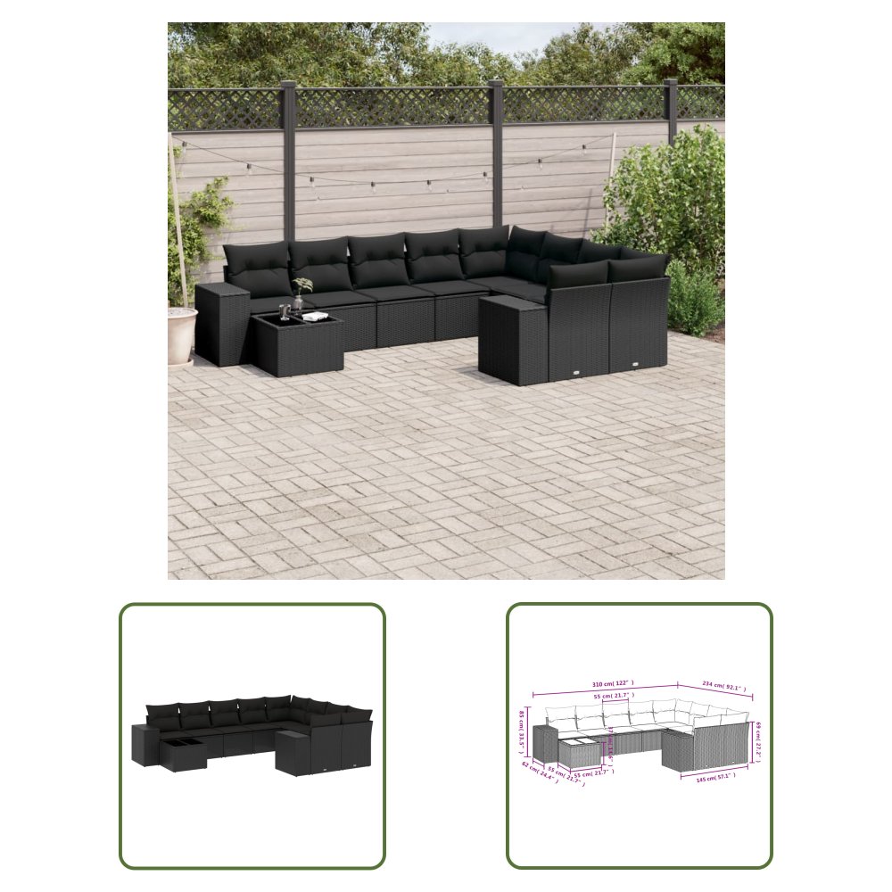 The Living Store 10-cz. zestaw wypoczynkowy do ogrodu - poduszki czarny rattan PE - Sofa Ogrodowa