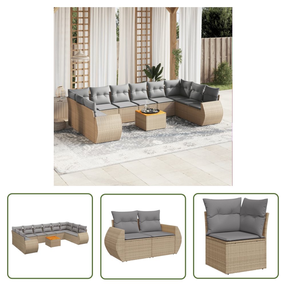 The Living Store 11-cz. zestaw mebli ogrodowych z poduszkami - beżowy - polirattan - Sofa Ogrodowa