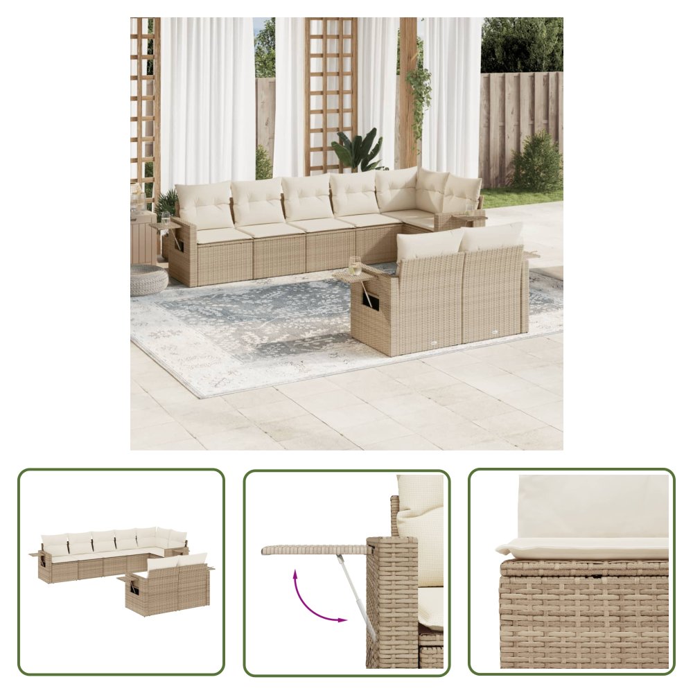 The Living Store 8-cz. zestaw mebli ogrodowych z poduszkami - beżowy - polirattan - Sofa Ogrodowa