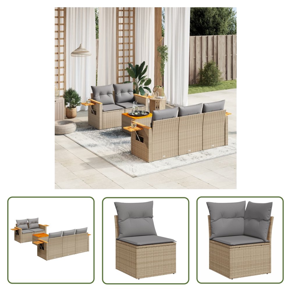 The Living Store 6-cz. zestaw mebli ogrodowych z poduszkami - beżowy - polirattan - Sofa Ogrodowa