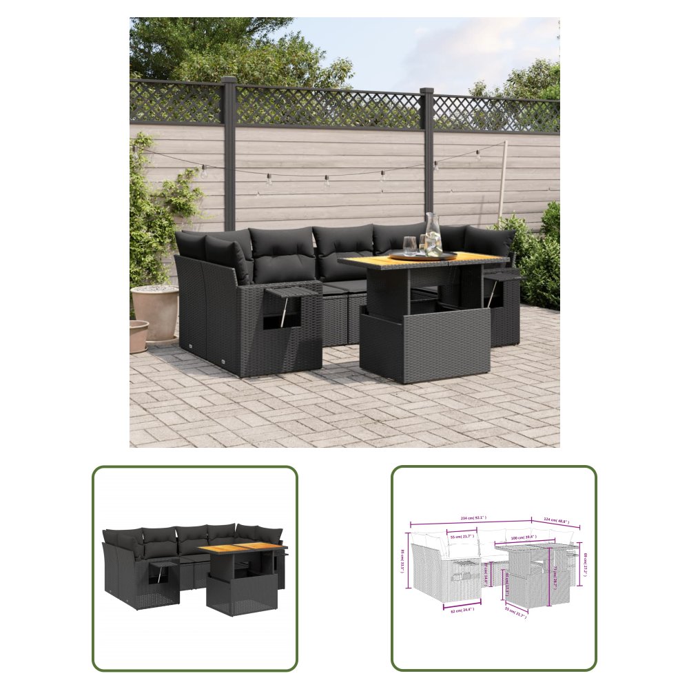 The Living Store 7-cz. zestaw wypoczynkowy do ogrodu - z poduszkami - czarny - Sofa Ogrodowa