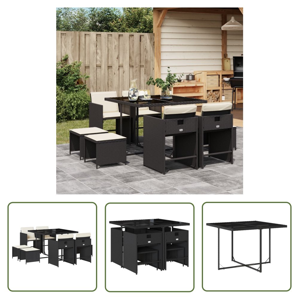 The Living Store 9-cz. zestaw mebli ogrodowych z poduszkami - czarny - rattan PE - Meble Ogrodowe
