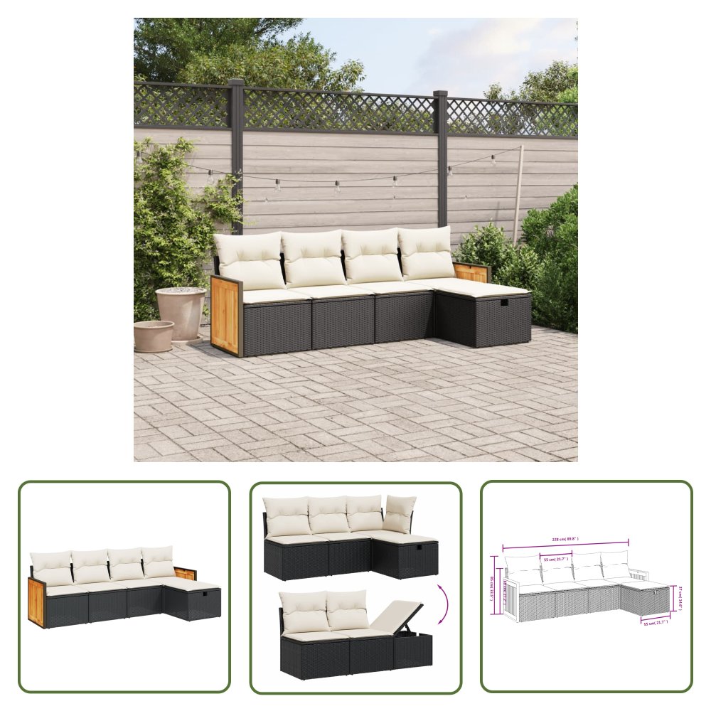 The Living Store 5-cz. zestaw wypoczynkowy do ogrodu - poduszki - czarny rattan PE - Sofa Ogrodowa