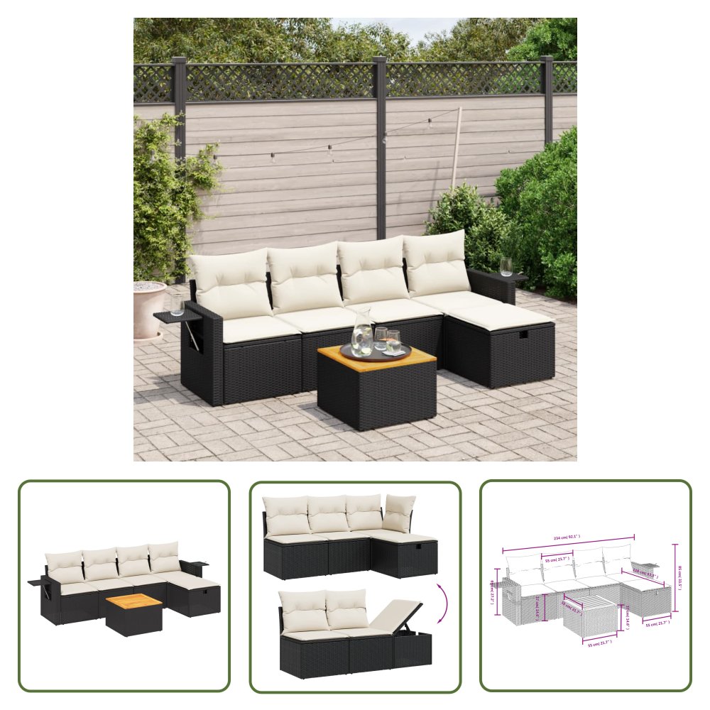 The Living Store 6-cz. zestaw mebli ogrodowych z poduszkami - czarny polirattan - Sofa Ogrodowa