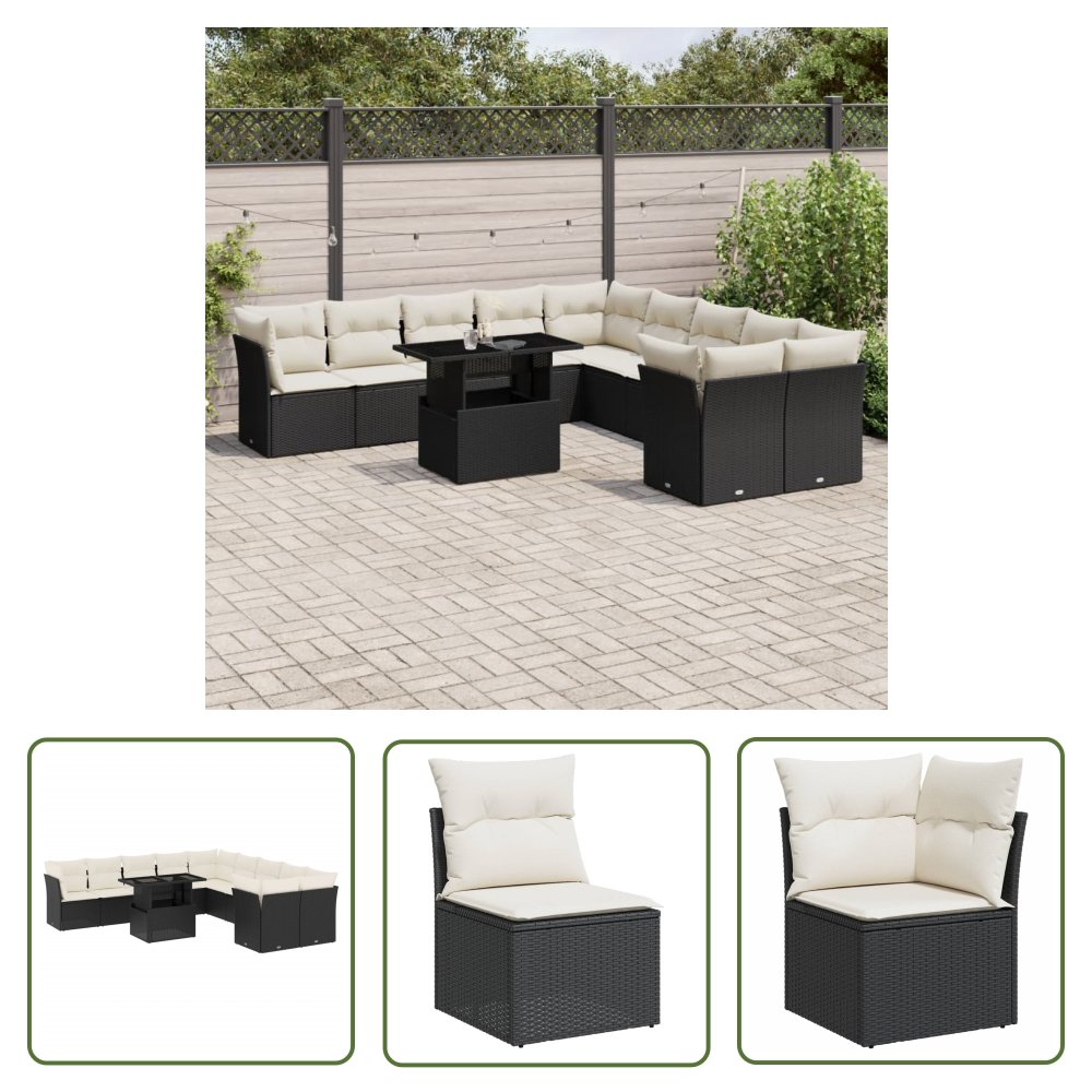 The Living Store 11-cz. zestaw wypoczynkowy do ogrodu - poduszki czarny rattan PE - Sofa Ogrodowa