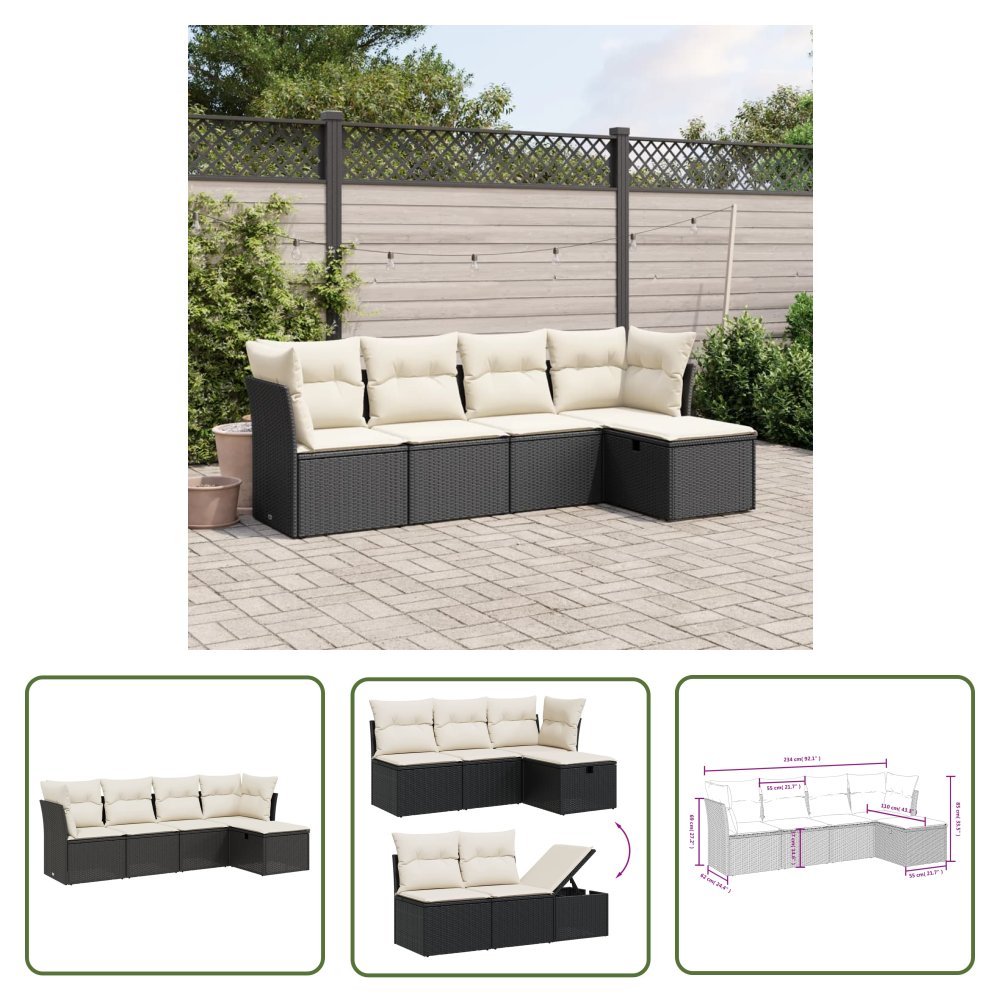 The Living Store 5-cz. zestaw wypoczynkowy do ogrodu - poduszki - czarny rattan PE - Sofa Ogrodowa