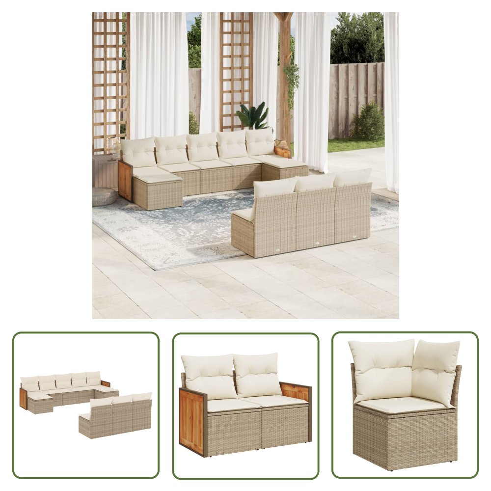 The Living Store 10-cz. zestaw mebli ogrodowych z poduszkami - beżowy - polirattan - Sofa Ogrodowa