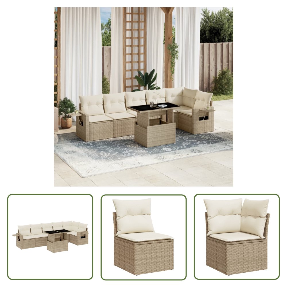 The Living Store 7-cz. zestaw wypoczynkowy do ogrodu - z poduszkami - beżowy - Sofa Ogrodowa