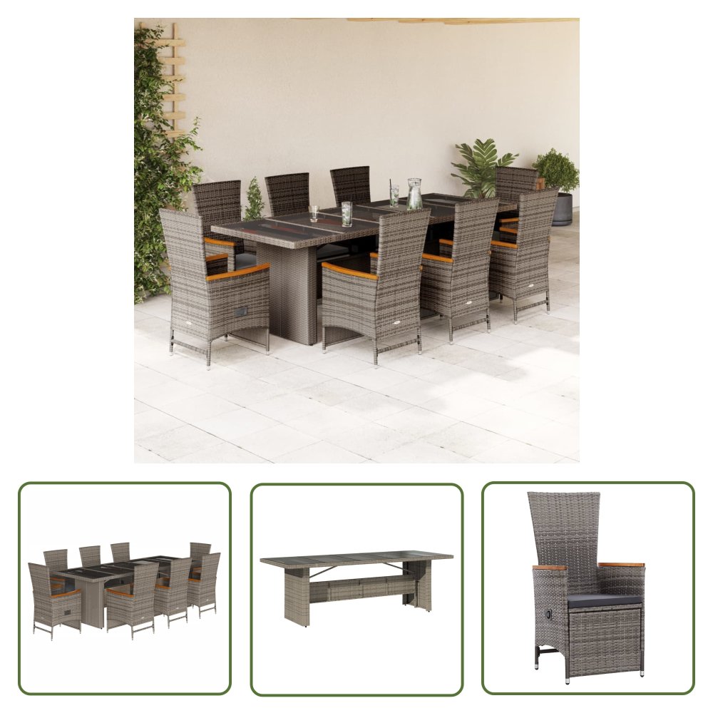 The Living Store 9-cz. zestaw mebli ogrodowych z poduszkami - szary - rattan PE - Meble Ogrodowe