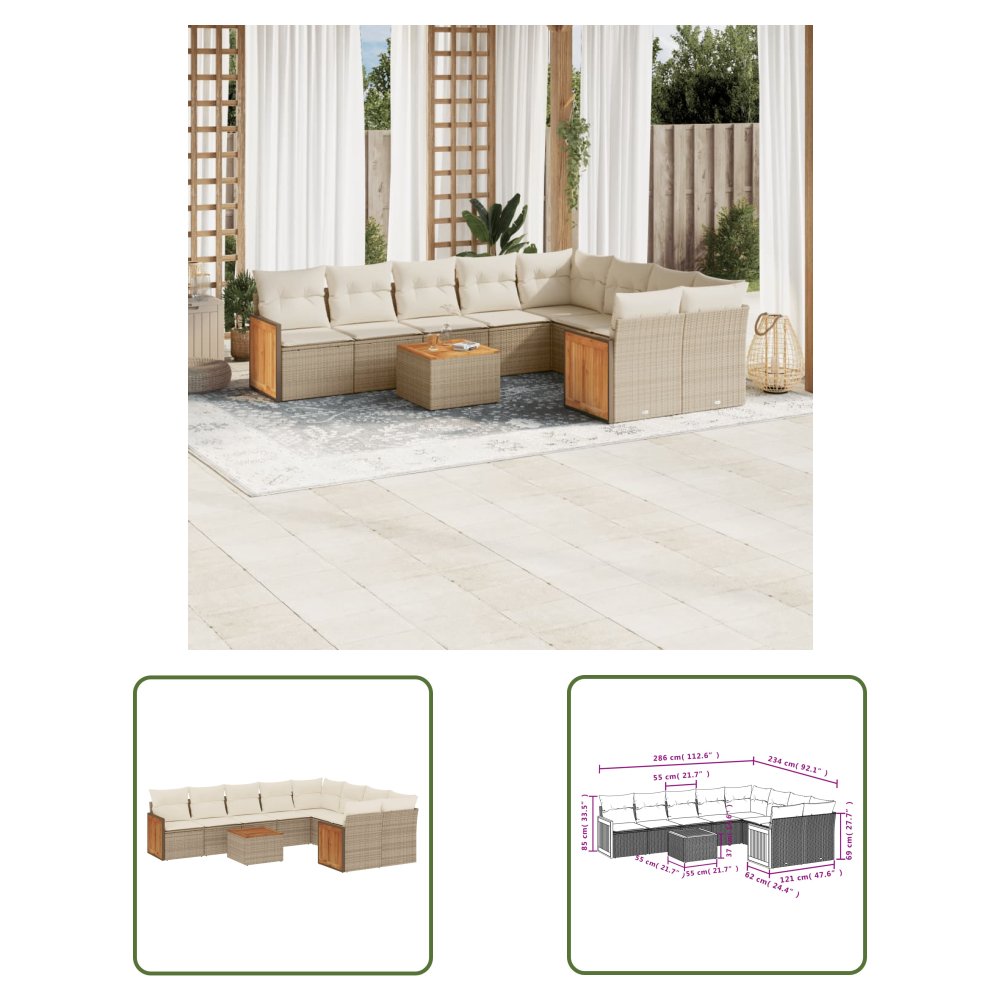 The Living Store 10-cz. zestaw mebli ogrodowych z poduszkami - beżowy - polirattan - Sofa Ogrodowa