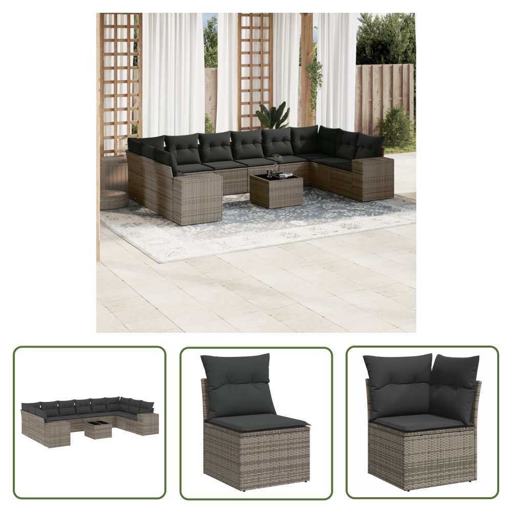 The Living Store 11-cz. zestaw mebli ogrodowych z poduszkami - szary rattan PE - Sofa Ogrodowa