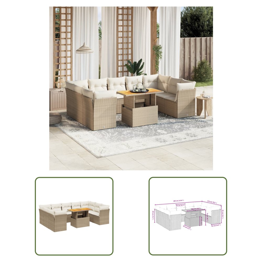 The Living Store 10-cz. zestaw mebli ogrodowych z poduszkami - beżowy - polirattan - Sofa Ogrodowa
