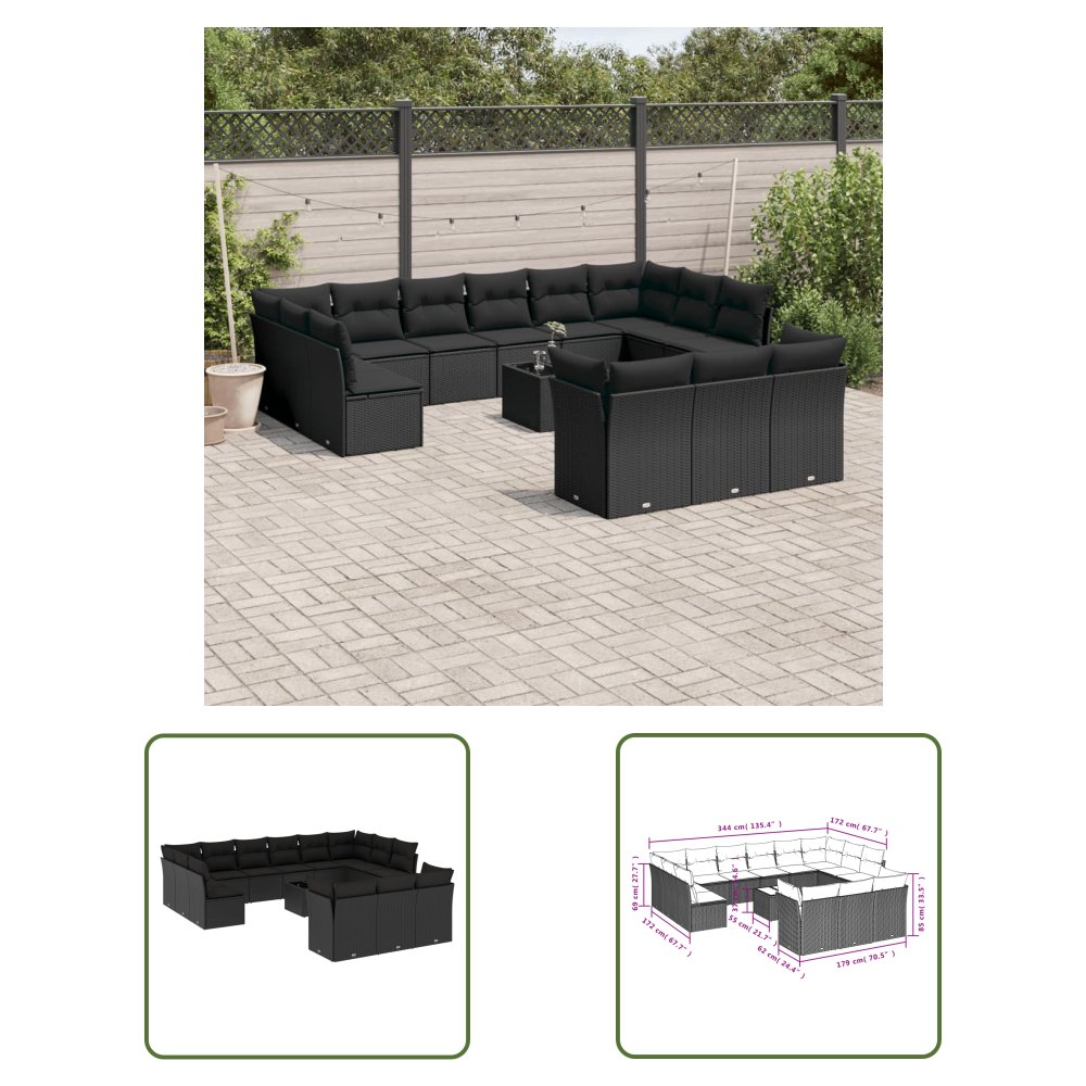 The Living Store 14-cz. zestaw wypoczynkowy do ogrodu - poduszki czarny rattan PE - Sofa Ogrodowa