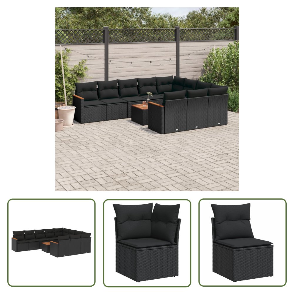 The Living Store 11-cz. zestaw wypoczynkowy do ogrodu - poduszki czarny rattan PE - Sofa Ogrodowa