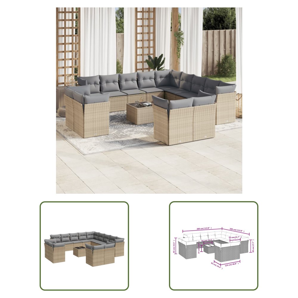 The Living Store 14-cz. zestaw mebli ogrodowych z poduszkami - beżowy - polirattan - Sofa Ogrodowa