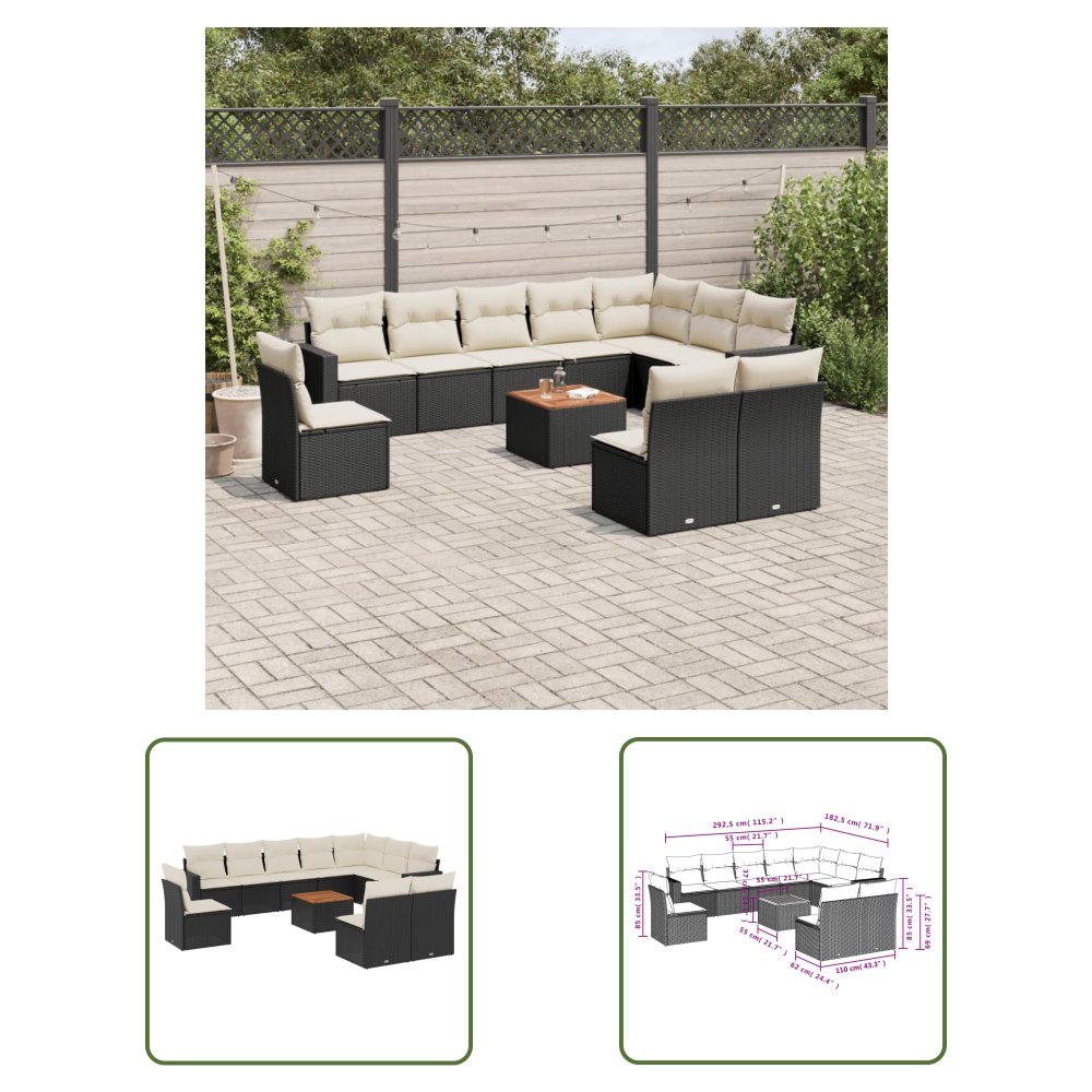The Living Store 11-cz. zestaw wypoczynkowy do ogrodu - poduszki czarny rattan PE - Sofa Ogrodowa