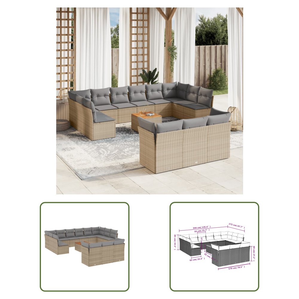 The Living Store 14-cz. zestaw mebli ogrodowych z poduszkami - beżowy - polirattan - Sofa Ogrodowa