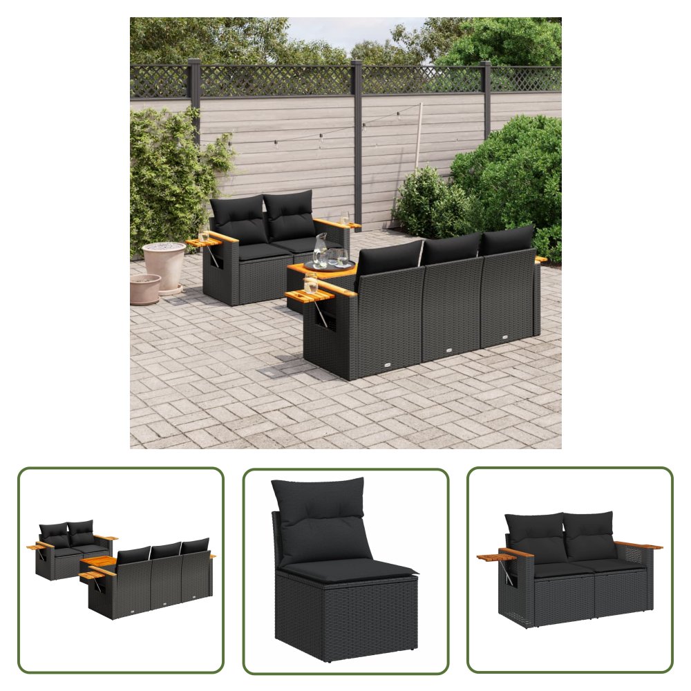 The Living Store 6-cz. zestaw mebli ogrodowych z poduszkami - czarny polirattan - Sofa Ogrodowa
