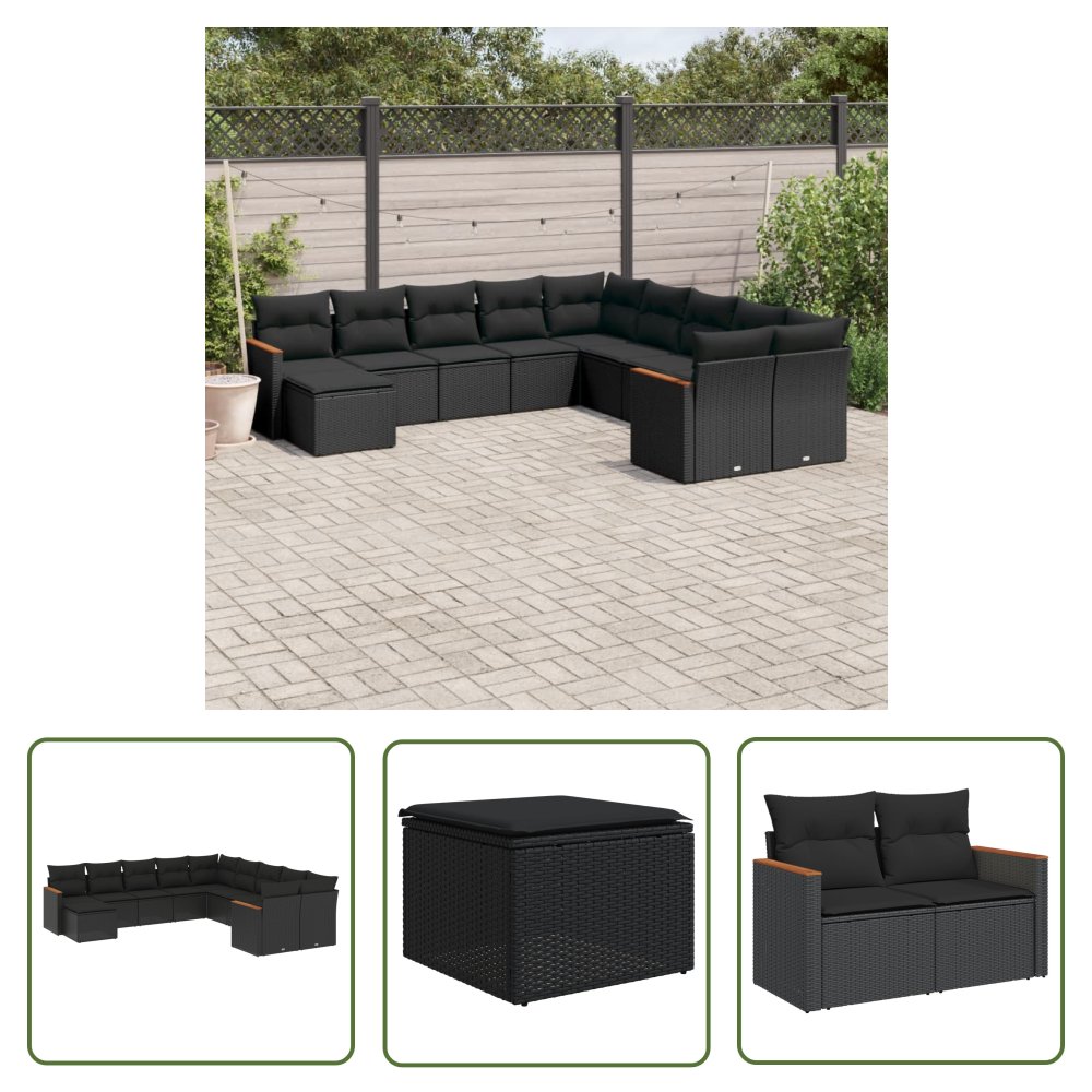 The Living Store 11-cz. zestaw wypoczynkowy do ogrodu - poduszki czarny rattan PE - Sofa Ogrodowa