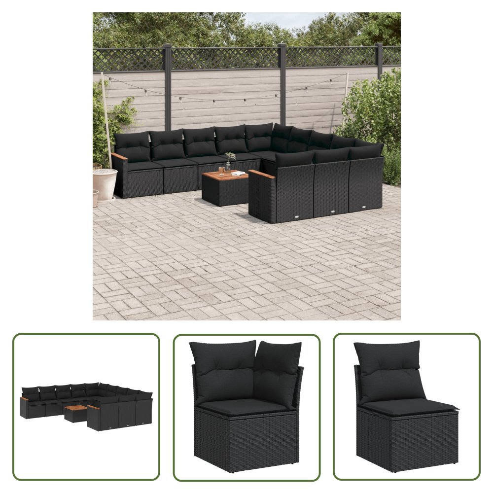 The Living Store 12-cz. zestaw mebli do ogrodu - z poduszkami - czarny - polirattan - Sofa Ogrodowa