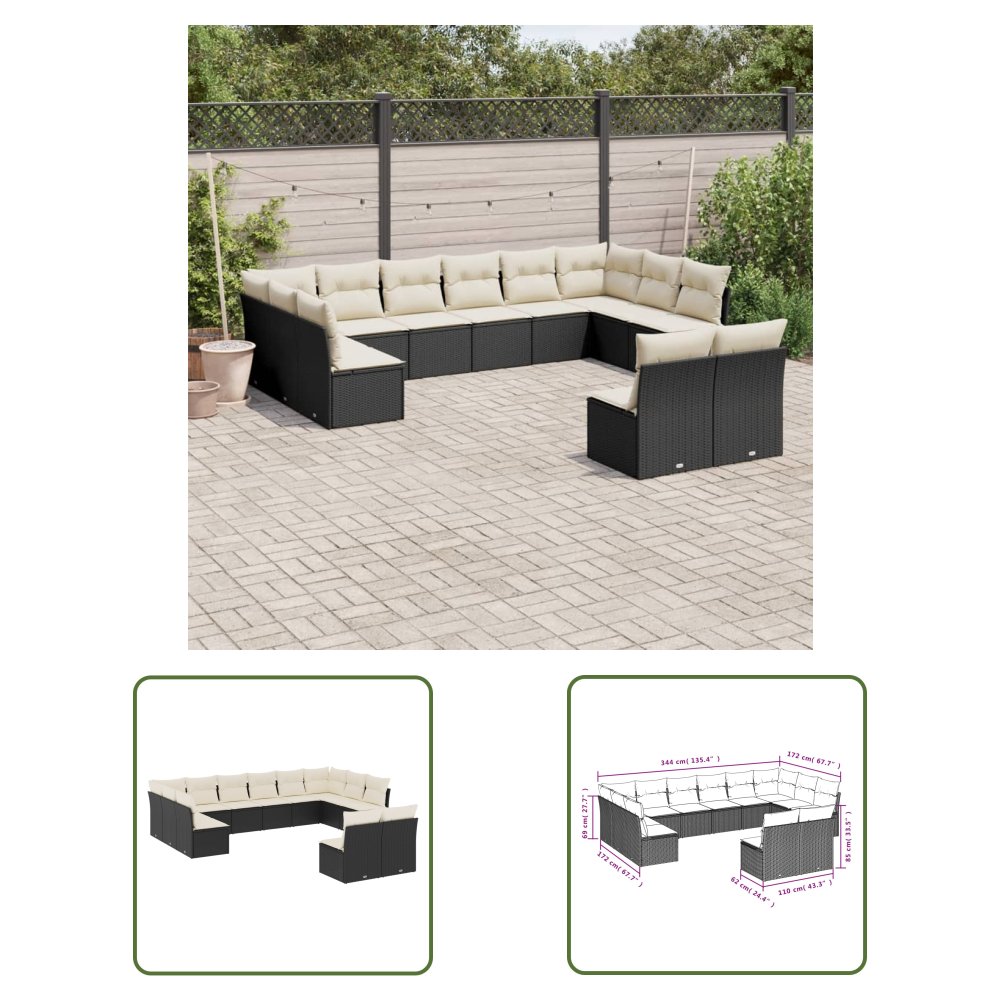 The Living Store 12-cz. zestaw mebli do ogrodu - z poduszkami - czarny - polirattan - Sofa Ogrodowa