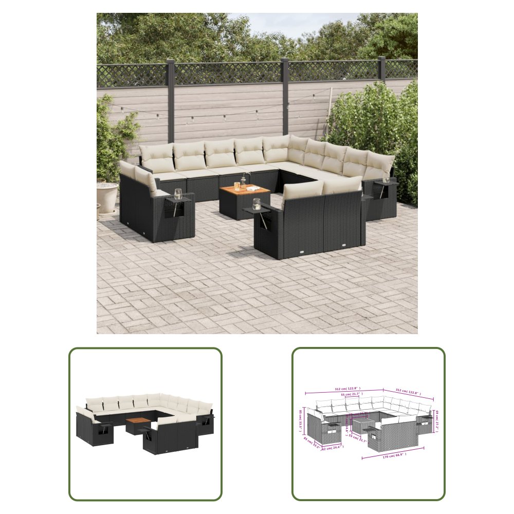 The Living Store 14-cz. zestaw wypoczynkowy do ogrodu - poduszki czarny rattan PE - Sofa Ogrodowa