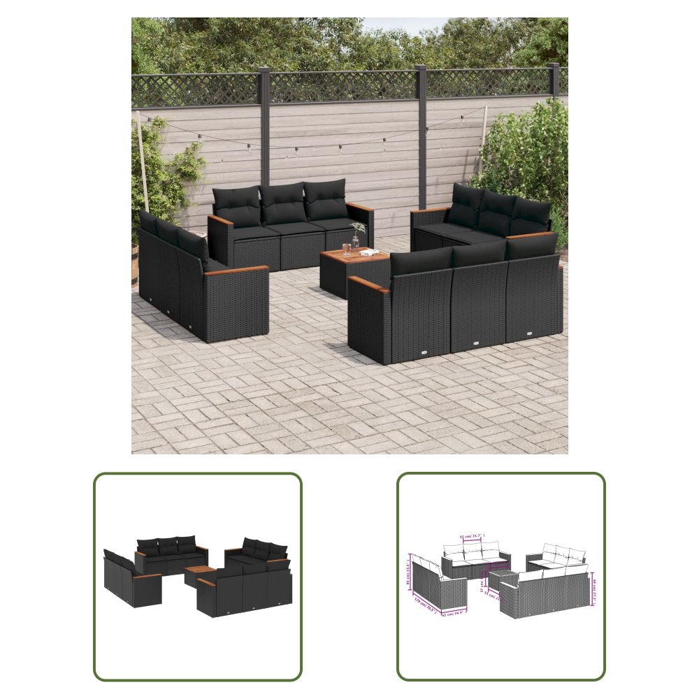 The Living Store 13-cz. zestaw mebli do ogrodu - poduszki - czarny - rattan PE - Sofa Ogrodowa