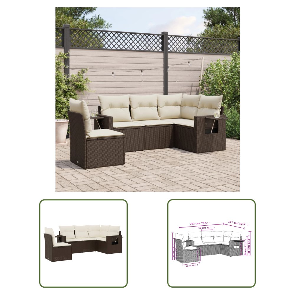 The Living Store 5-cz. zestaw mebli ogrodowych z poduszkami - brązowy - polirattan - Sofa Ogrodowa