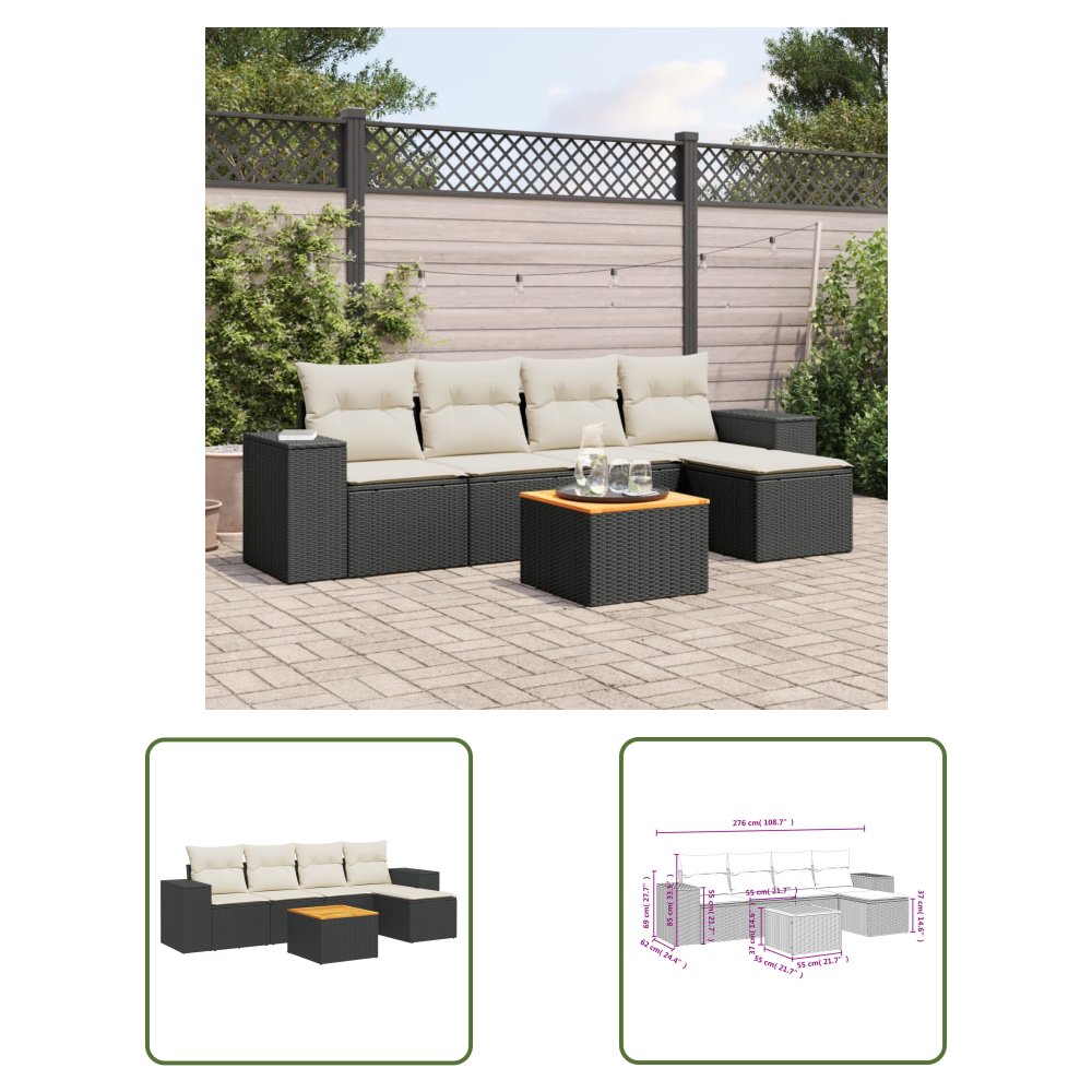 The Living Store 6-cz. zestaw mebli ogrodowych z poduszkami - czarny polirattan - Sofa Ogrodowa