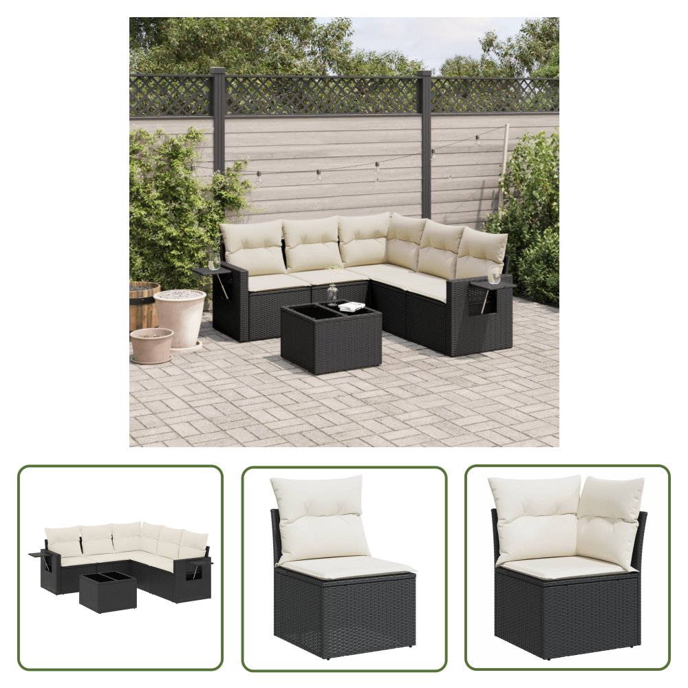 The Living Store 6-cz. zestaw mebli ogrodowych z poduszkami - czarny polirattan - Sofa Ogrodowa