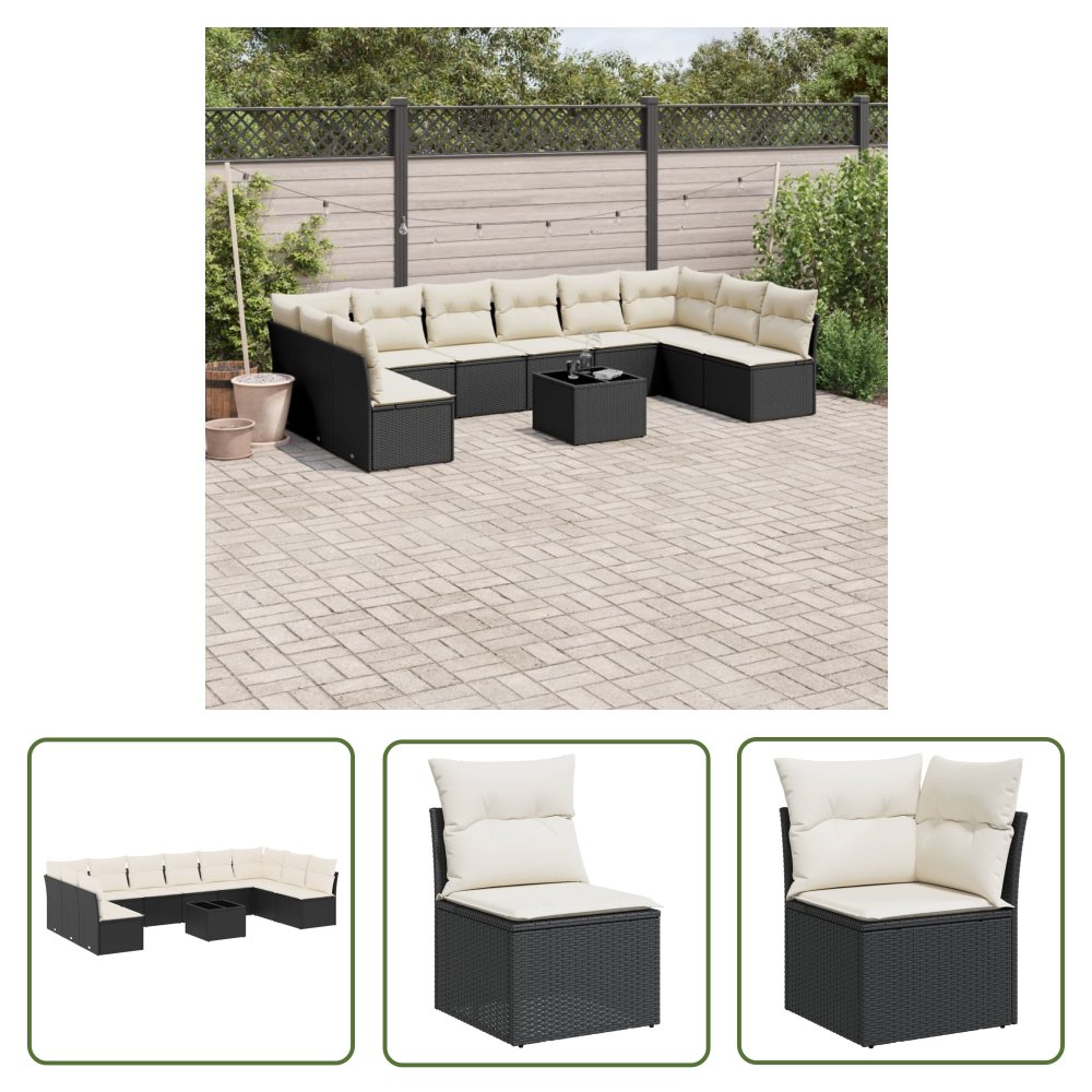 The Living Store 11-cz. zestaw wypoczynkowy do ogrodu - poduszki czarny rattan PE - Sofa Ogrodowa