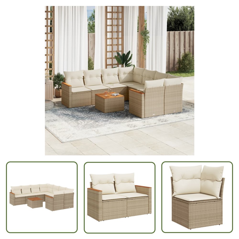 The Living Store 9-cz. zestaw mebli ogrodowych z poduszkami - beżowy - polirattan - Sofa Ogrodowa