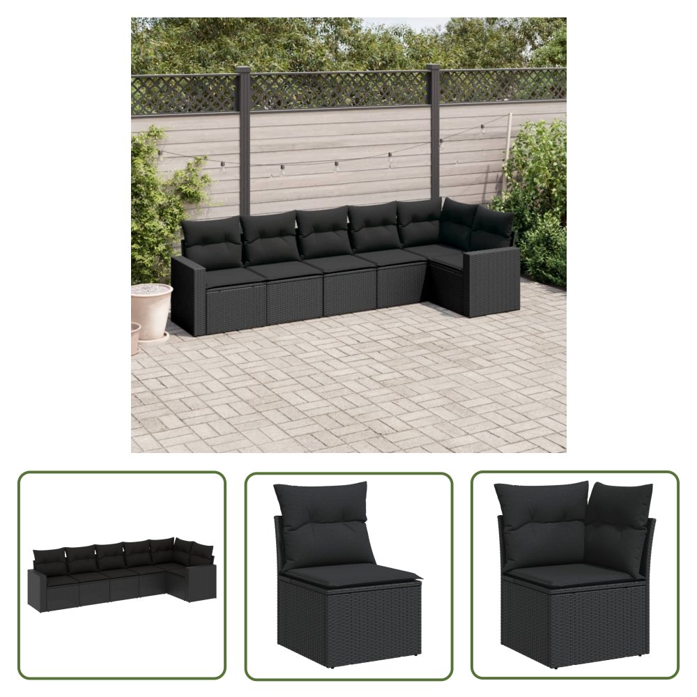 The Living Store 6-cz. zestaw mebli ogrodowych z poduszkami - czarny polirattan - Sofa Ogrodowa