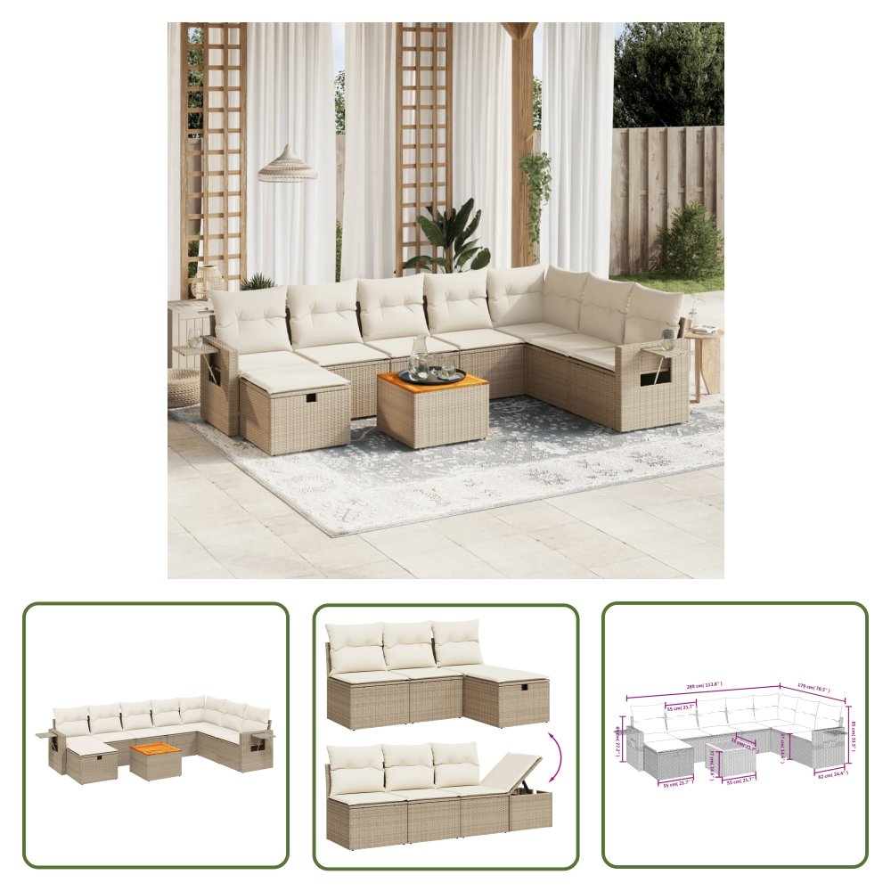 The Living Store 9-cz. zestaw mebli ogrodowych z poduszkami - beżowy - polirattan - Sofa Ogrodowa