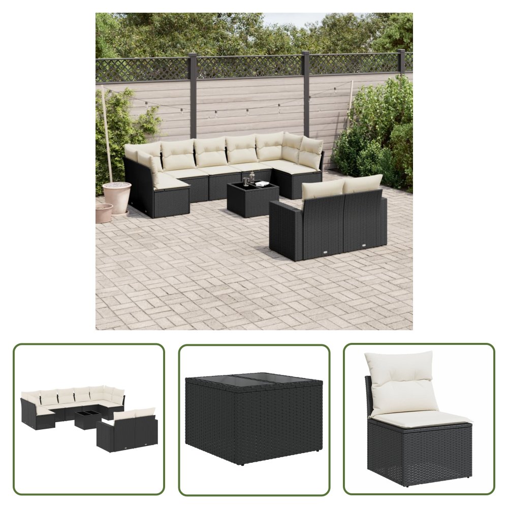 The Living Store 10-cz. zestaw wypoczynkowy do ogrodu - poduszki czarny rattan PE - Sofa Ogrodowa