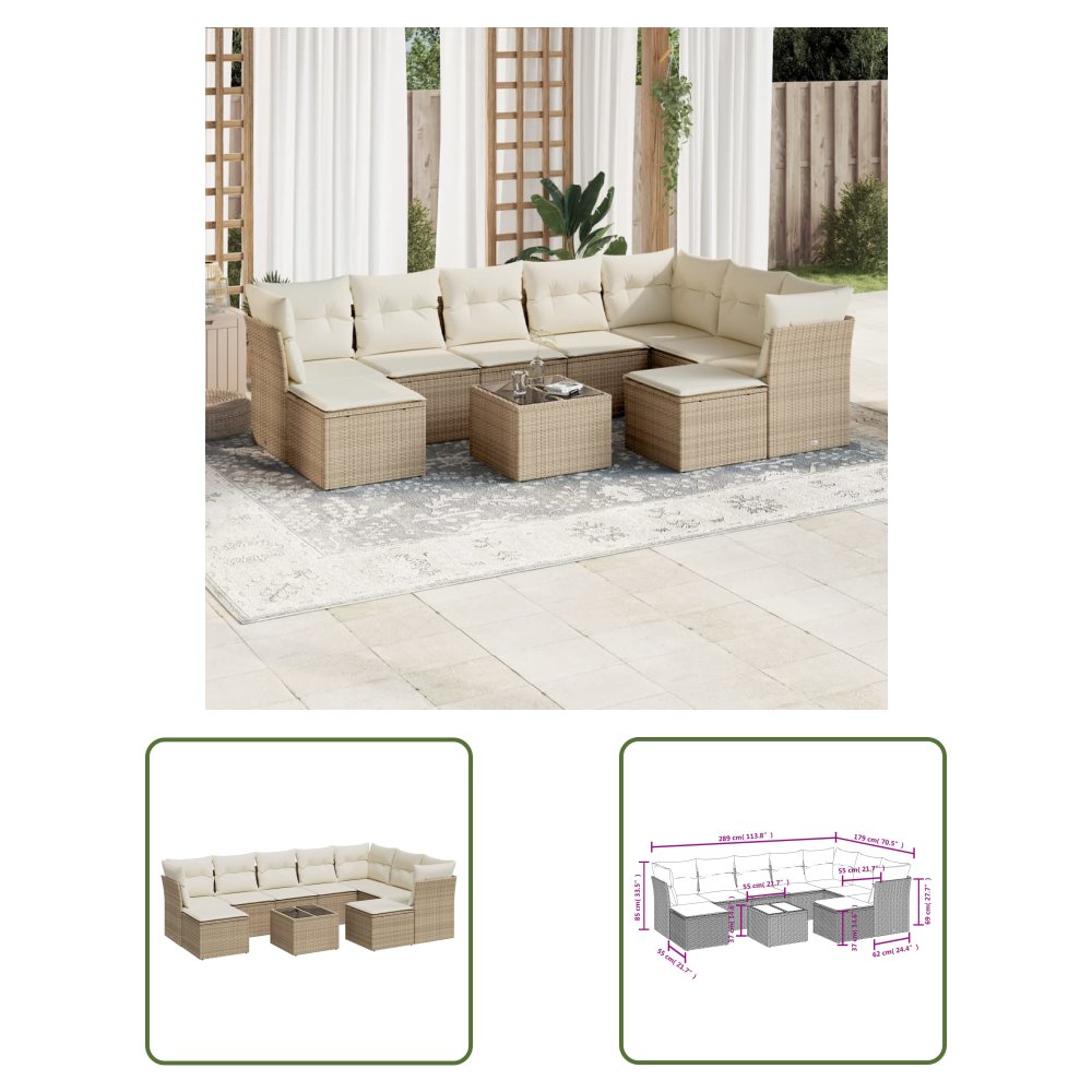The Living Store 10-cz. zestaw mebli ogrodowych z poduszkami - beżowy - polirattan - Sofa Ogrodowa