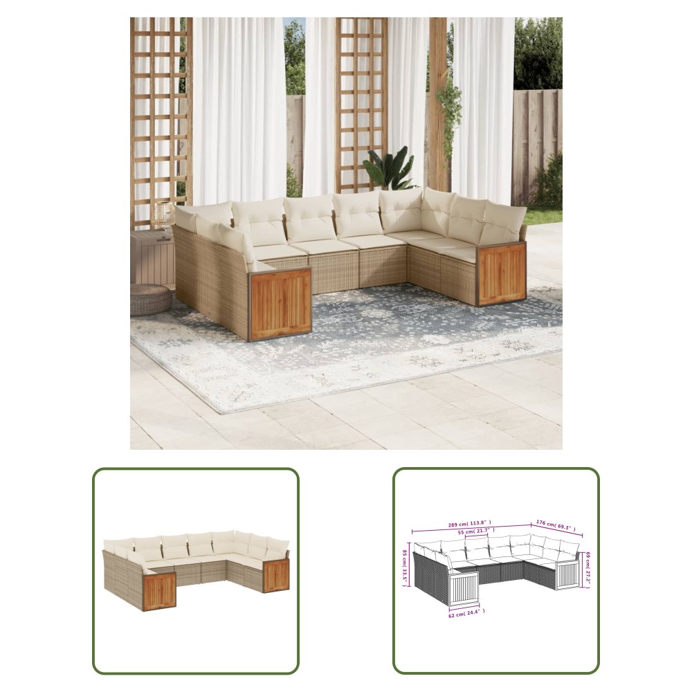 The Living Store 9-cz. zestaw mebli ogrodowych z poduszkami - beżowy - polirattan - Sofa Ogrodowa