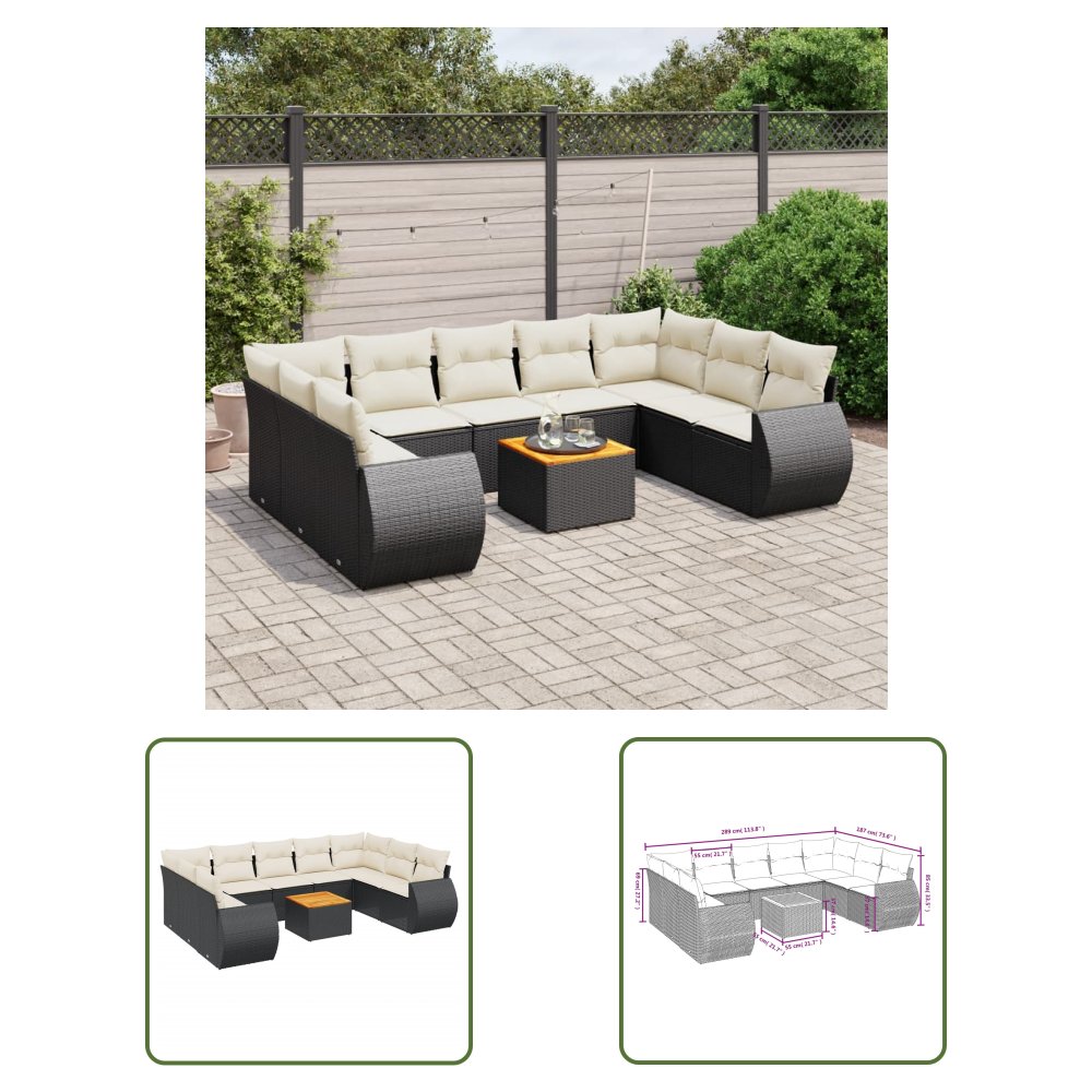The Living Store 10-cz. zestaw wypoczynkowy do ogrodu - poduszki czarny rattan PE - Sofa Ogrodowa