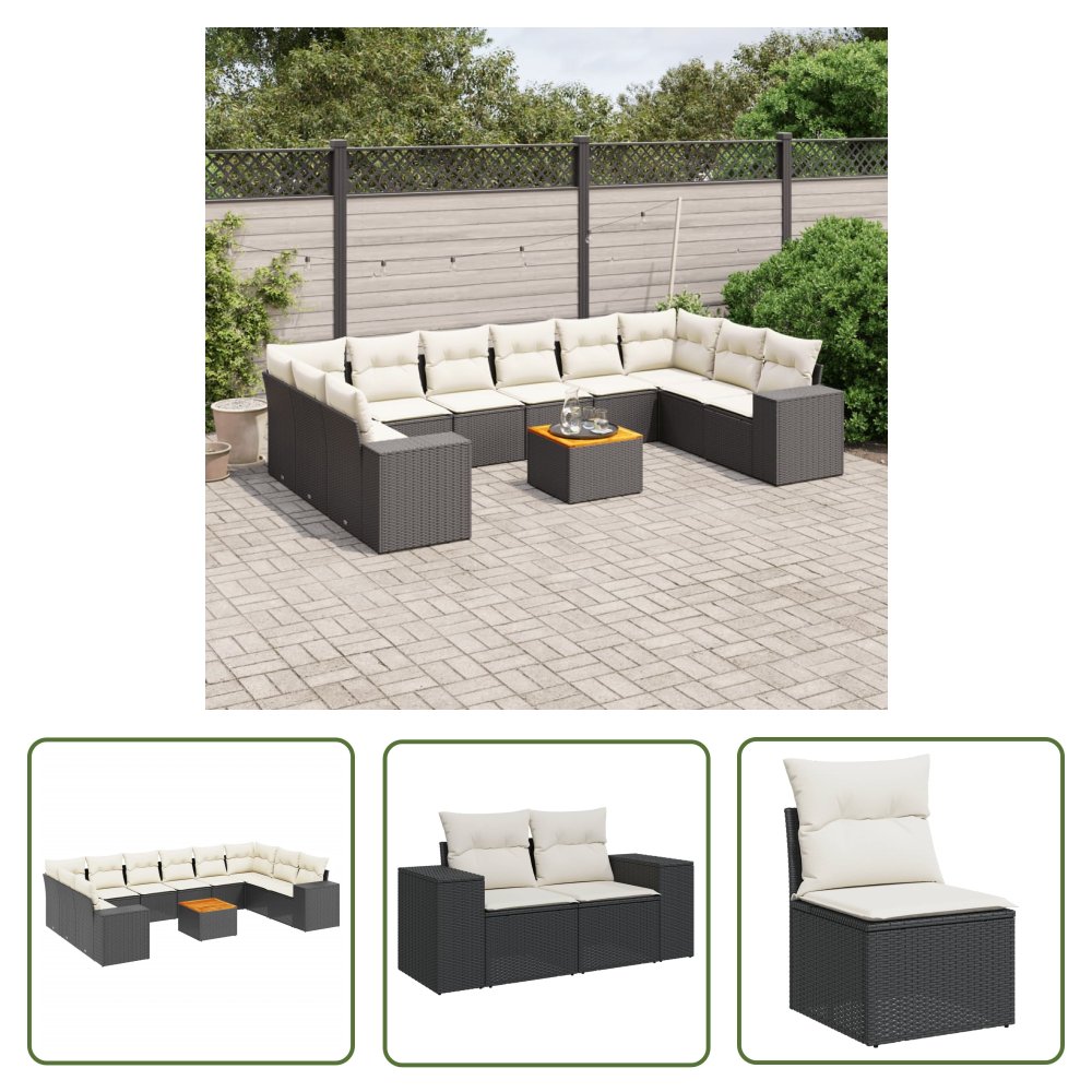 The Living Store 11-cz. zestaw wypoczynkowy do ogrodu - poduszki czarny rattan PE - Sofa Ogrodowa