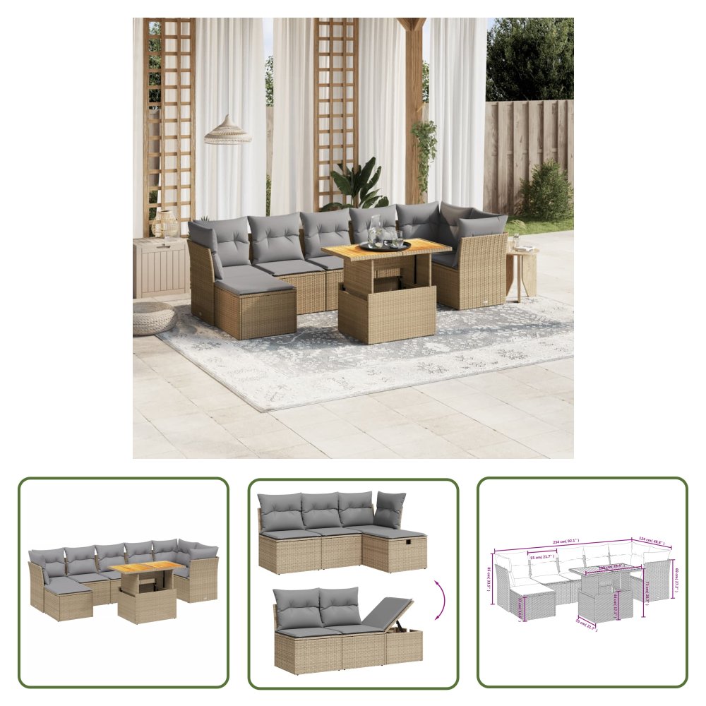 The Living Store 8-cz. zestaw mebli ogrodowych z poduszkami - beżowy - polirattan - Sofa Ogrodowa