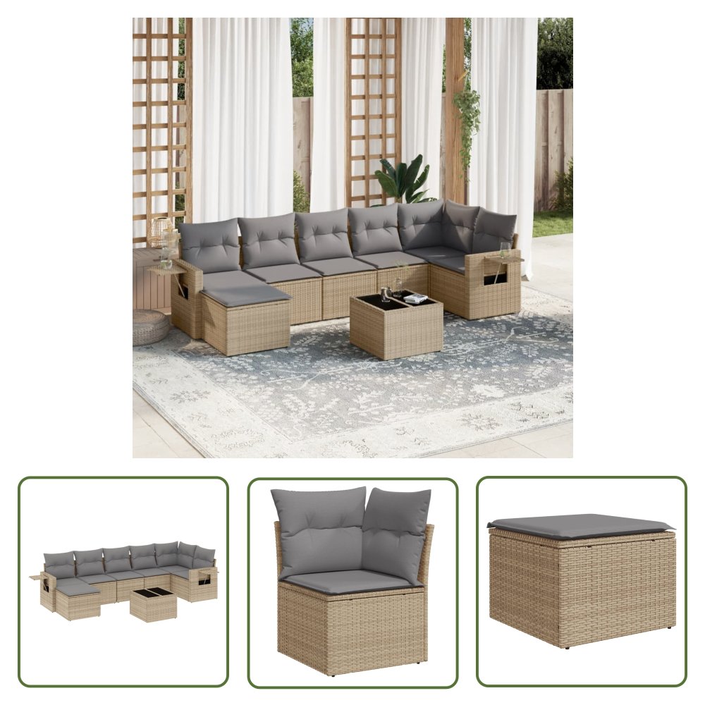 The Living Store 8-cz. zestaw mebli ogrodowych z poduszkami - beżowy - polirattan - Sofa Ogrodowa