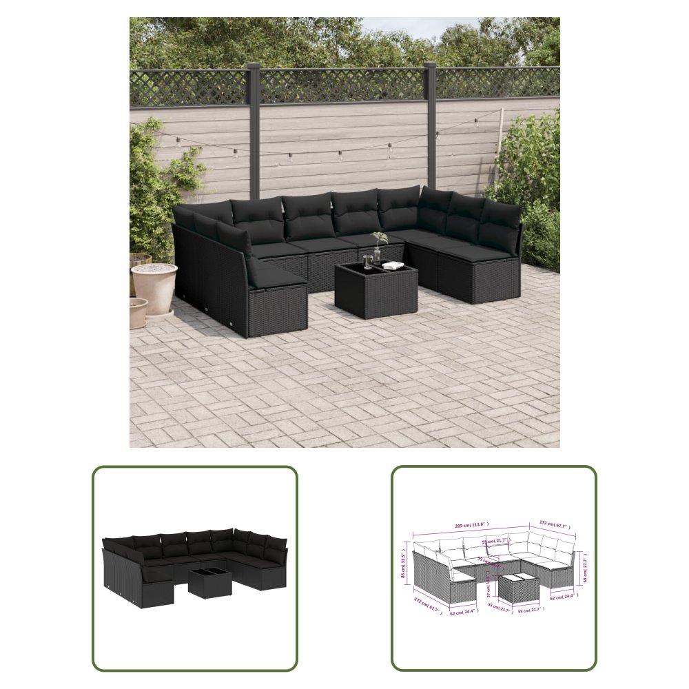 The Living Store 10-cz. zestaw wypoczynkowy do ogrodu - poduszki czarny rattan PE - Sofa Ogrodowa