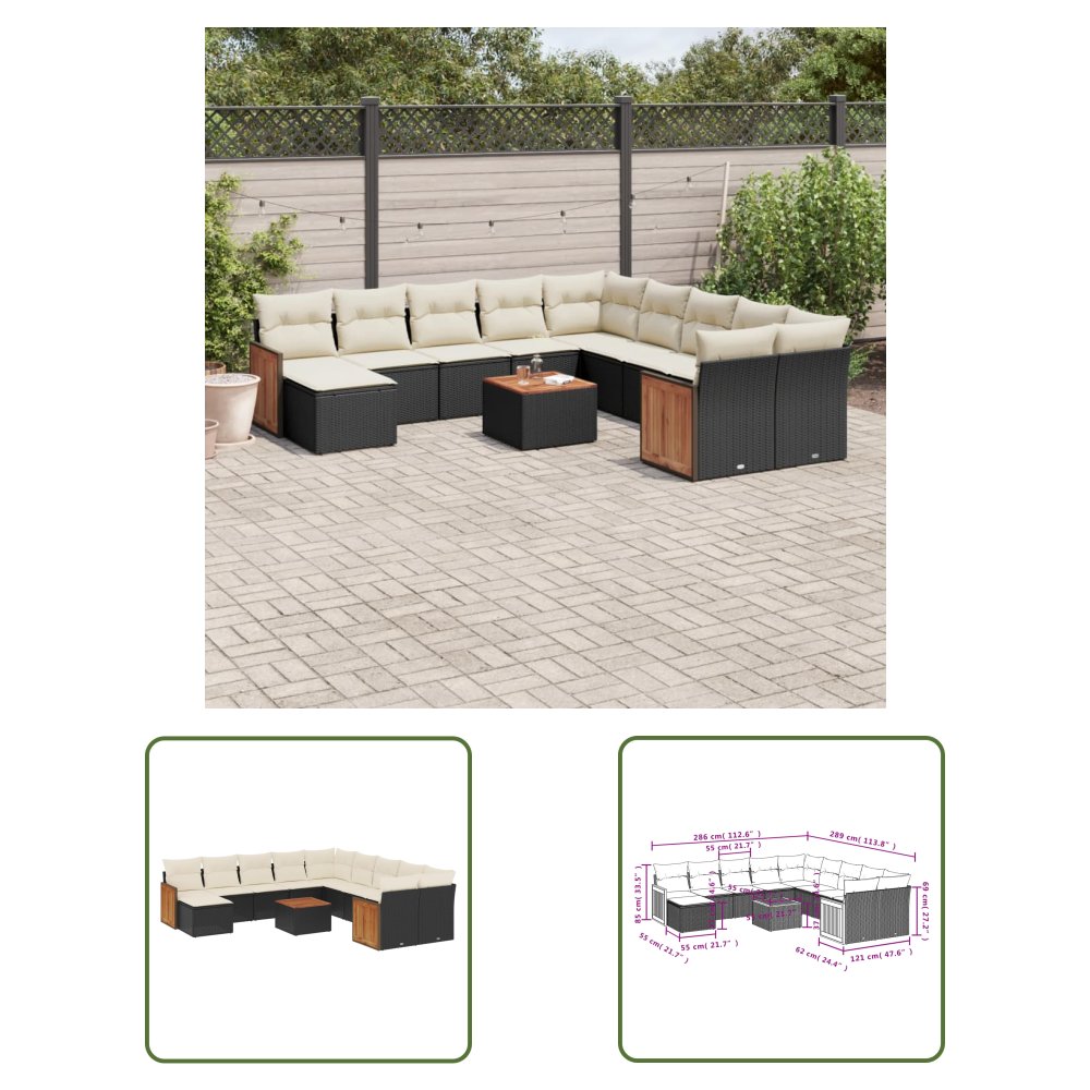 The Living Store 12-cz. zestaw mebli do ogrodu - z poduszkami - czarny - polirattan - Sofa Ogrodowa